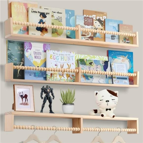 Set of 3 nursery wall book shelves 32 inch floating kids room storage organizer - Picture 2 of 8
